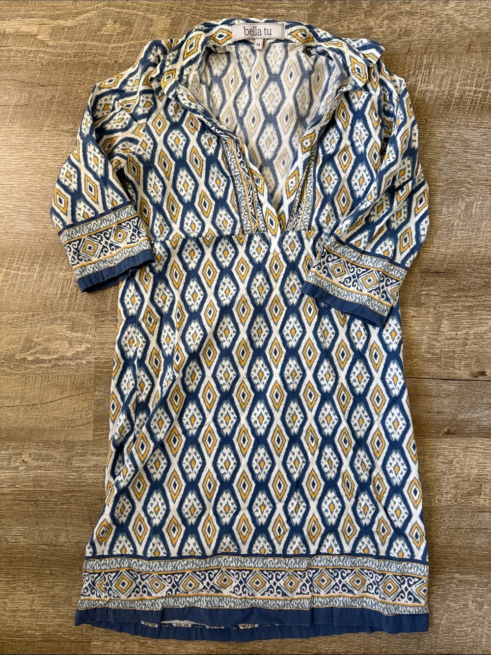 Bella Tu Blue and Yellow Boho Tunic Dress Size Medium